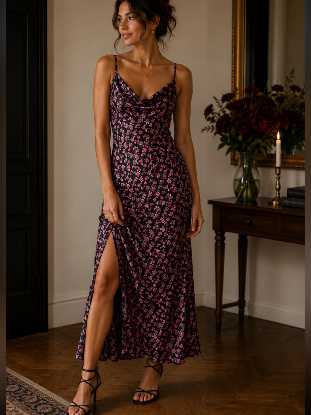 Wayf Floral Satin Slip Dress Front Slit Cowl Neck Romantic Pink Black L